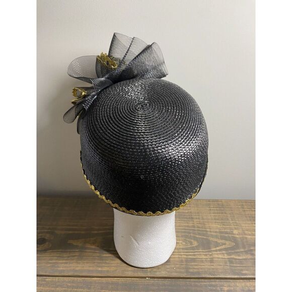 Black Woven Mesh Pillbox Hat Gold Trim bow Elegant Church Formal kentucky derby - Picture 3 of 7